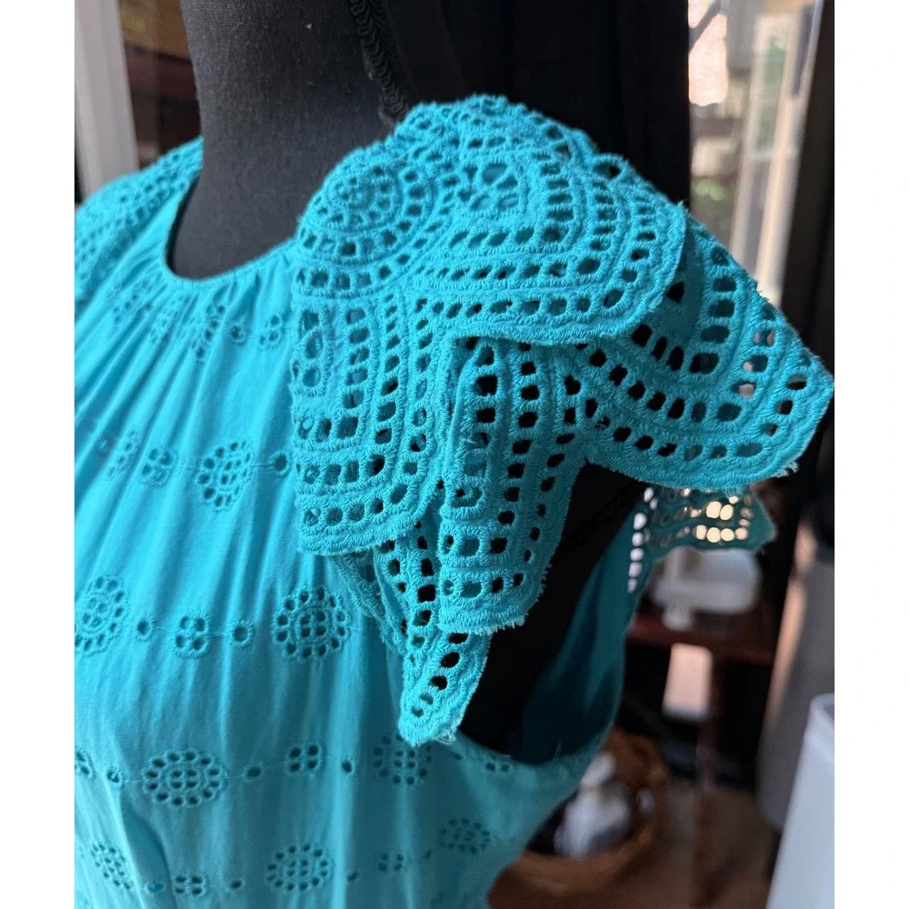 Antonio Melani Turquoise Eyelet Lace Midi Dress S10 Cotton Lined Flutter Sleeve - Picture 3 of 12